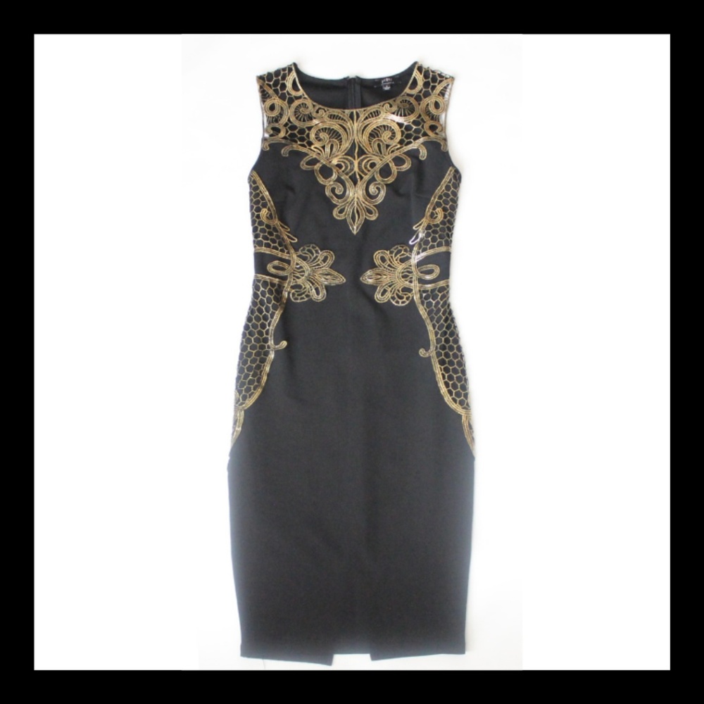 Black Privy Mini Dress with Gold Lace Overlay